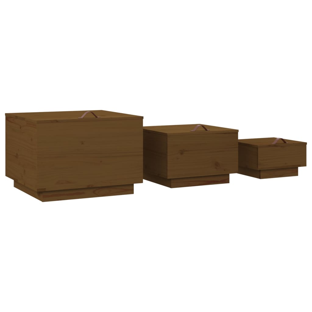 Storage Boxes with Lids 3 pcs Honey Brown Solid Wood Pine